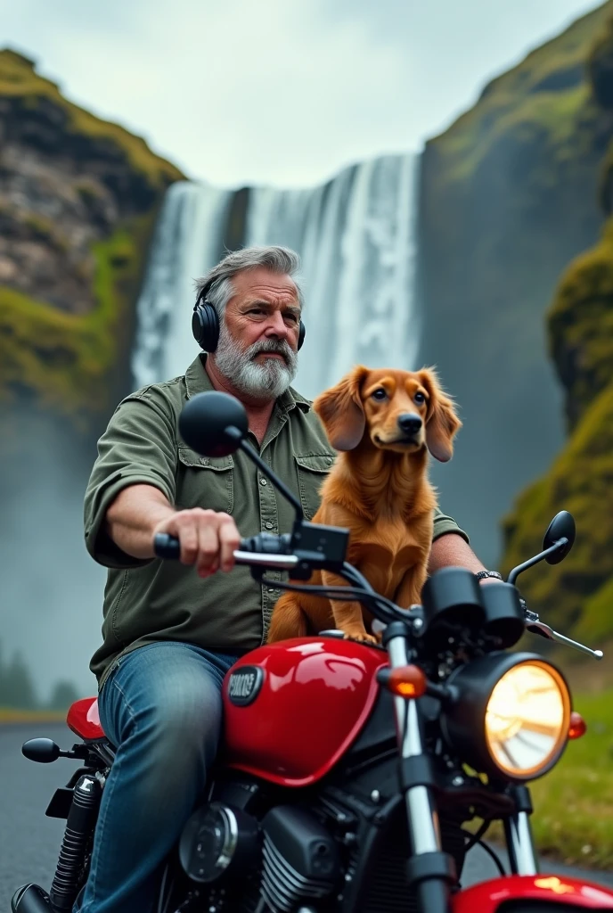 I am a stocky middle-aged man and my furry caramel dachshund dog on top of the red motorcycle enjoying the sea listening to music on Bluetooth headphones facing the waterfall