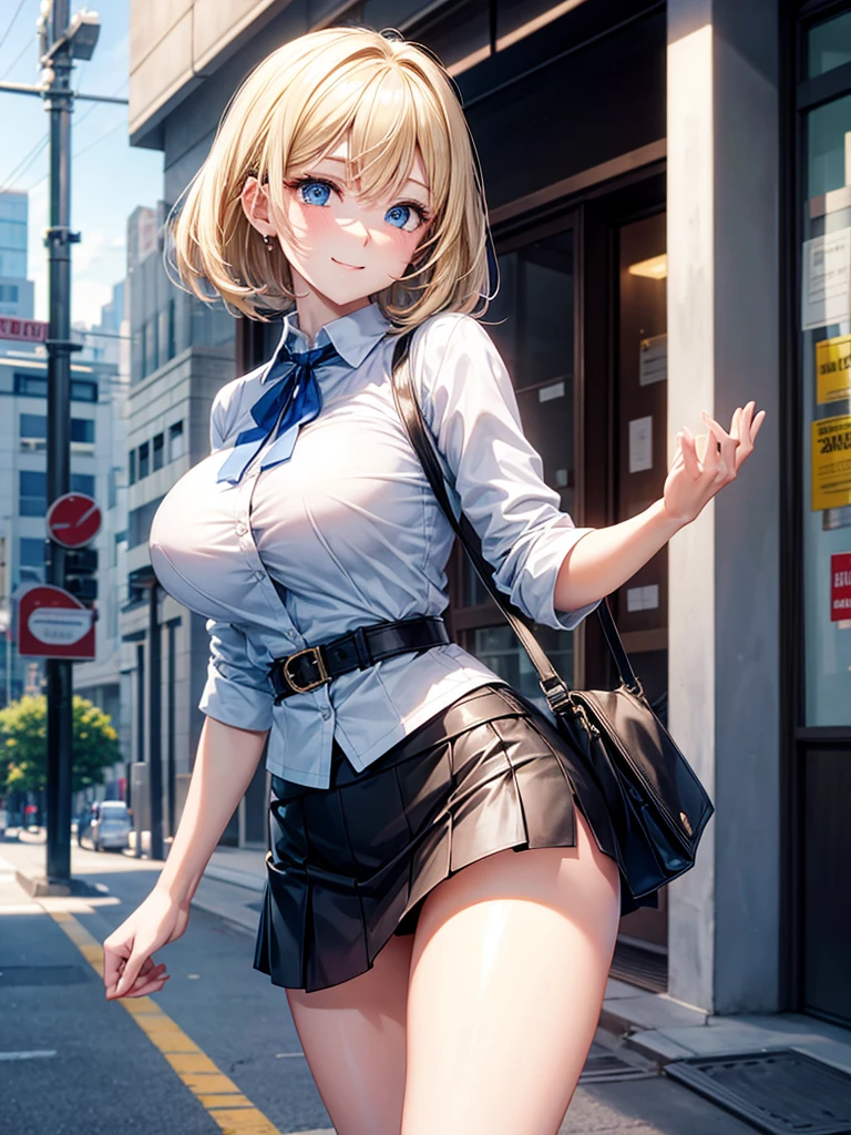 Anime style, super fine illustration, highly detailed, beautiful detailed, super pale tone image, happy expression, 8k, pretty 1girl with blonde straight short hair & blue eyes & a bright smile & full bust & soft fair skin is wearing big white business shirt not to show her skin & black tight skirt & 1business bag, on the business building morning street, in the morning, brilliant particles of lights, happy stories, solo, perfect fingers, perfect arms, perfect legs, masterpiece.