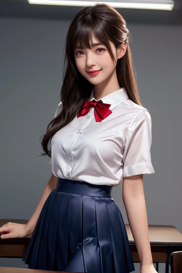 Product quality, One person, Upper Body Shot, View from the front, Young and beautiful woman in Japan, Super cute face, 1, Standing smiling in a high school classroom, Wearing a short-sleeved silk white collared shirt and a plain red shiny satin bow tie, Wearing a dark blue pleated long skirt, Glossy Lips, Double eyelids on both eyes, Natural Makeup, Long eyelashes, Shiny, smooth, light brown, medium length hair, Asymmetrical bangs, Sunburned skin, Wearing a dark blue pleated skirt, Center image, 8k resolution, Attention to detail, Detailed hairstyle, Detailed face, Spectacular movie lighting, Octane Rendering, Vibrant, Ultra-realistic, Perfect limbs, Perfect Anatomy