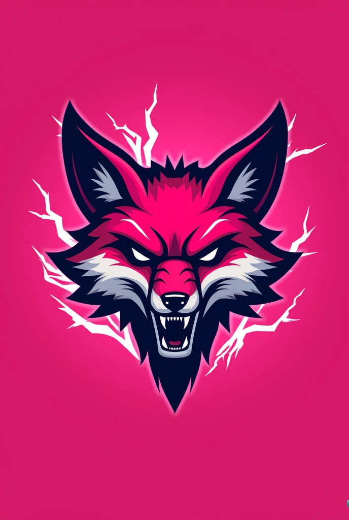 Sports logo for competitive gaming, the color of the room is pink, and must show the mascot which are three pink foxes, a little aggressive, showing the competitiveness and determination of sports games. Add lightning elements that make the fox more intimidating