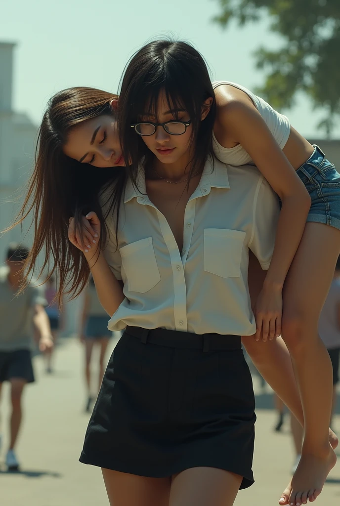 Create a realistic image of a young woman, 1, very thin, with black and dark skin, wearing a white shirt and black skirt and glasses, carrying on his shoulders the body of a young woman of 25 years of age, with light white skin, blonde hair long, slim body, wearing a white top and short denim shorts