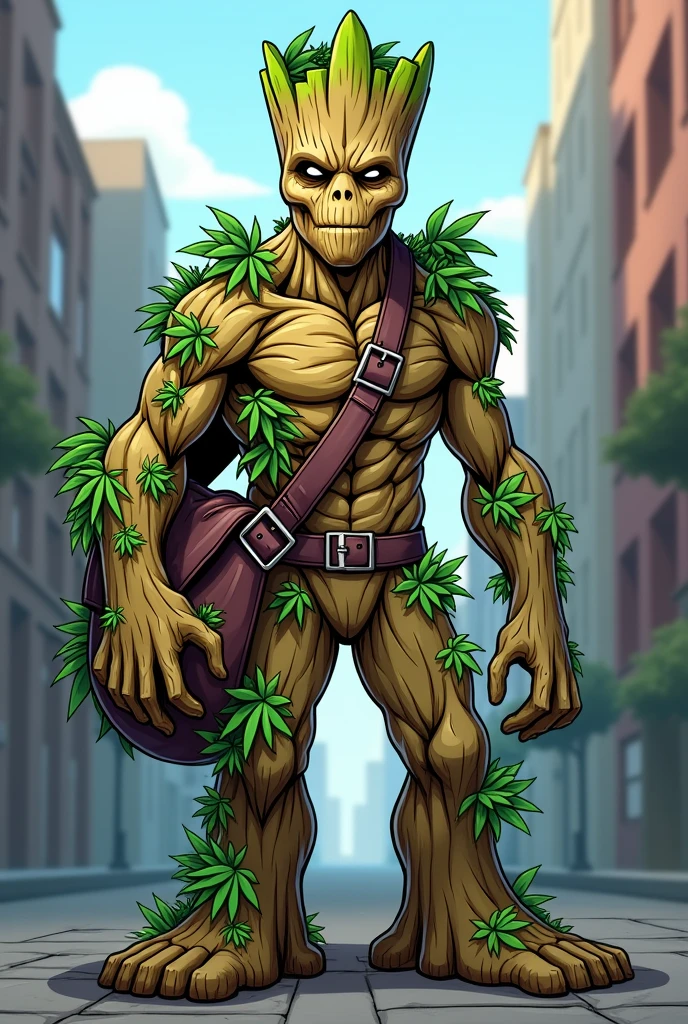 Groot in drug trafficker mode with a bag with small cannabis plants growing on him in cartoon