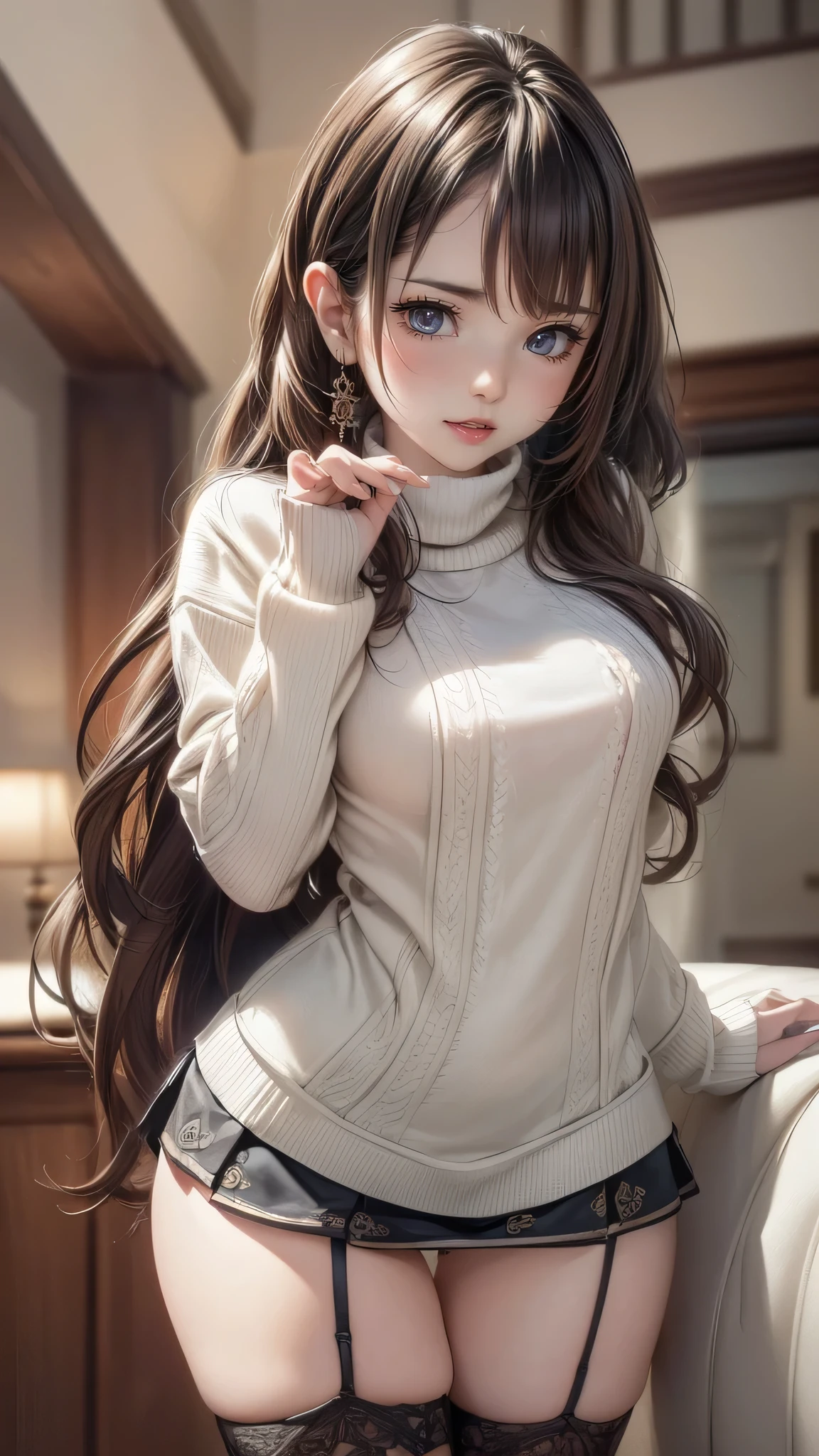 (random porn pose),(Highest image quality,(8k),ultra-realistic,best quality, high quality, high definition, high quality texture,high detail,beautiful detailed,fine detailed,extremely detailed cg,detailed texture,a realistic representation of the face,masterpiece,Sense of presence),sweater,tight mini skirt,stockings,Engineer boot