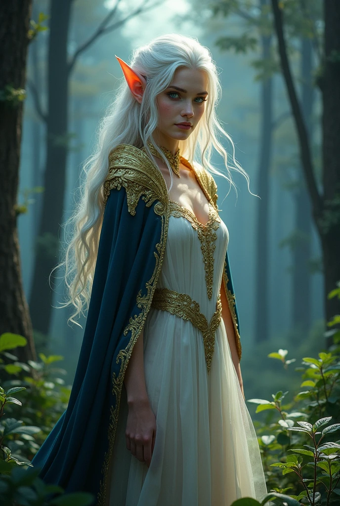 Elf with white hair and big green eyes, wearing a white and gold dress, with a dark blue and gold cape in a forest at night