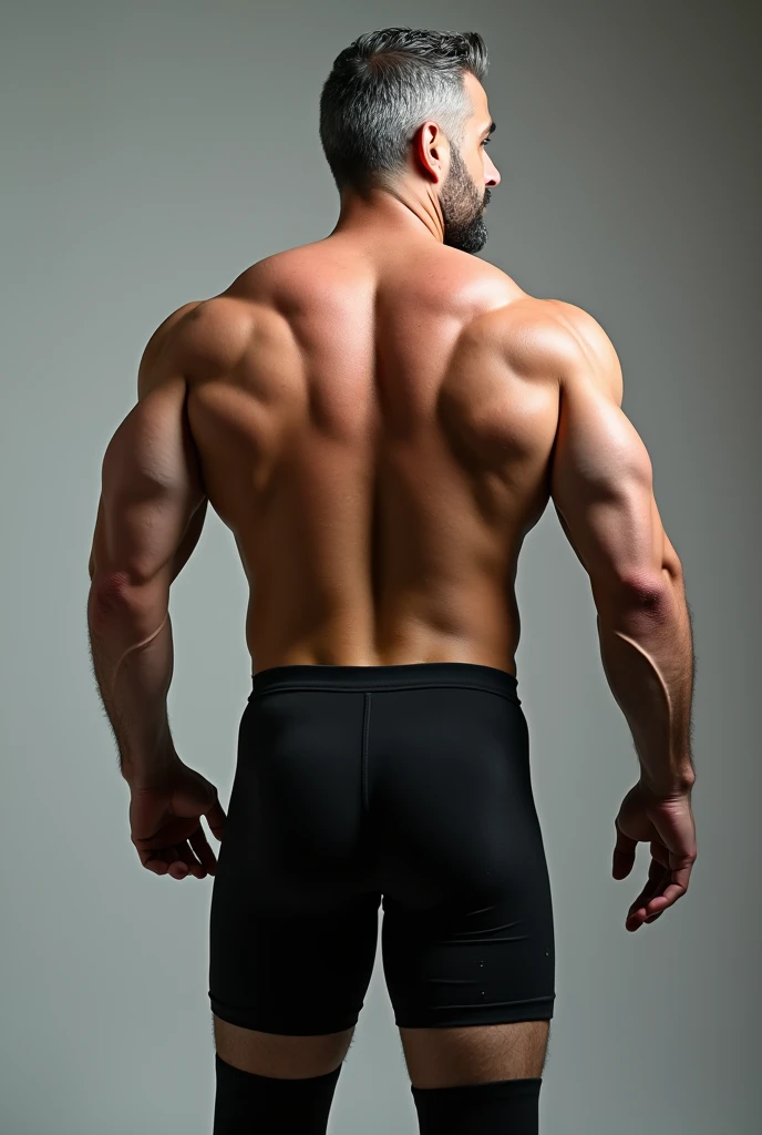 Middle-aged man, in position four, seen from behind, with good physical condition, with beard and gray hair, shirtless, with two large, pompous and very well-defined buttocks that are the main part of the image, with a black boxer short, with long stockings that reach the end of her thighs, with a sweaty body and white drops.