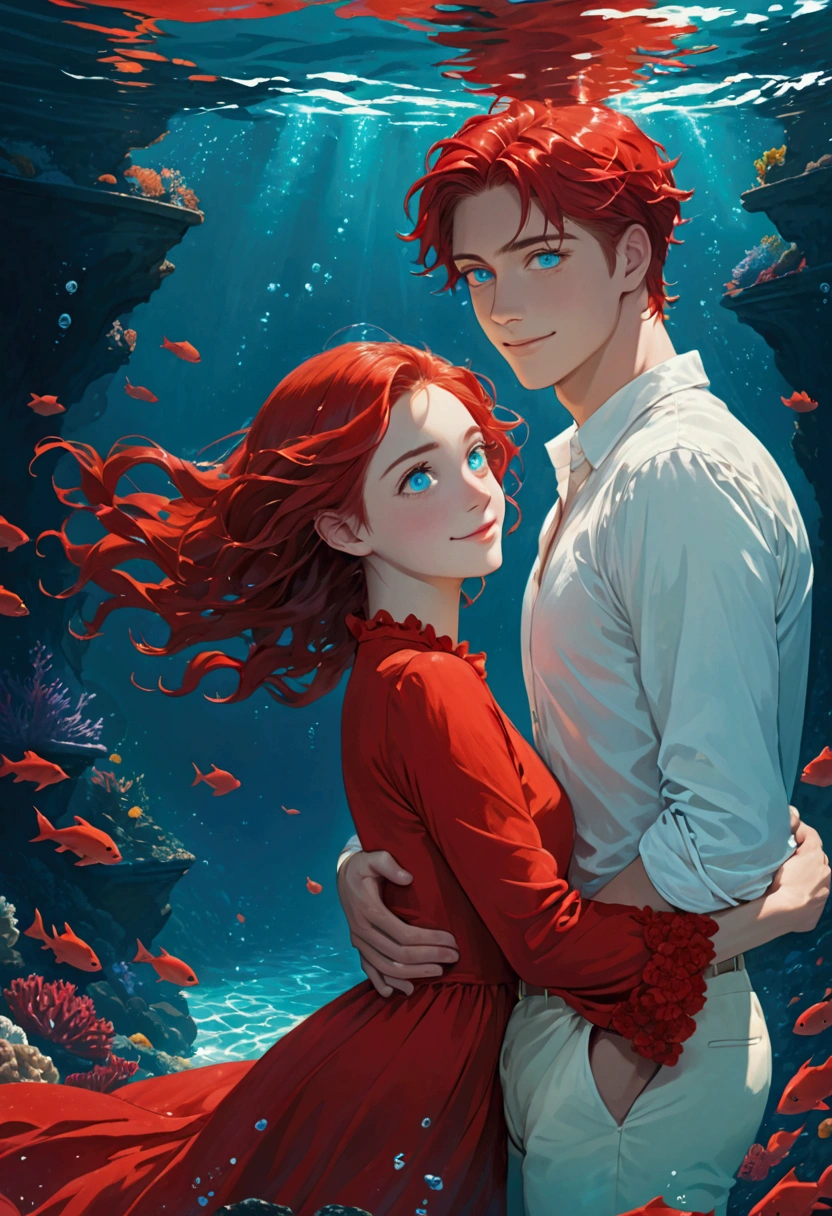 A young man with blue eyes and red hair drowns in the depths of the sea. He wears a white shirt and cream pants. In front of a girl wearing a red dress, her eyes smiling, her hair red, drowning in the depths of the sea