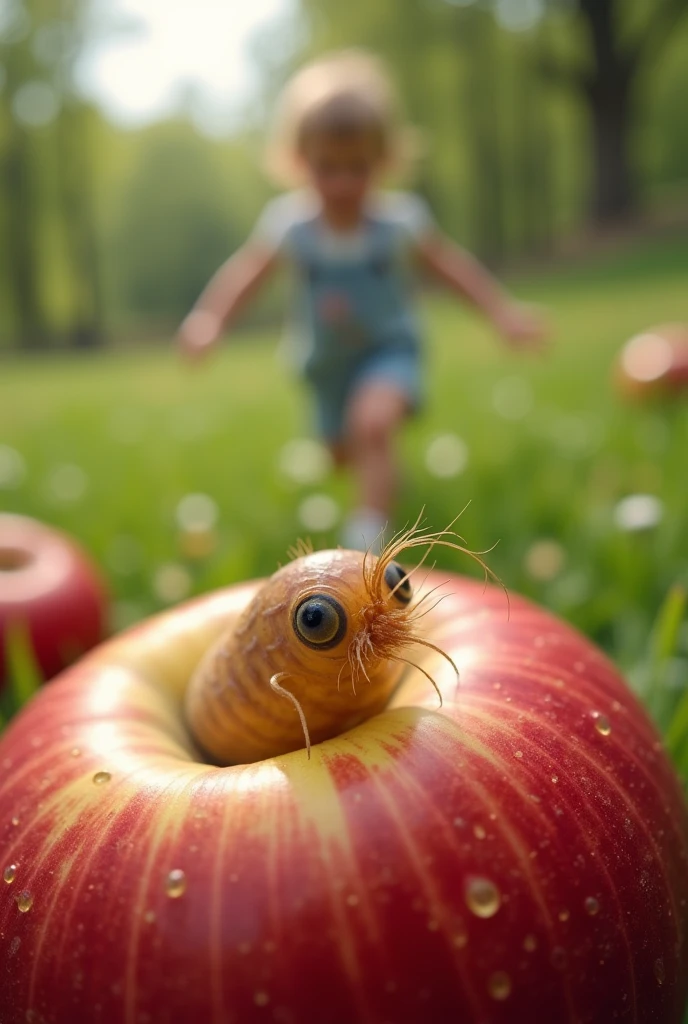 An Ascaris lumbricoides egg on an apple while a child plays outdoors
