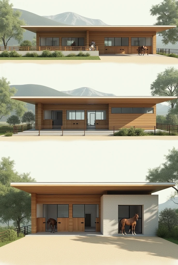 Create horse stables in the style and features of Craig Ellewood's architectural works, more adapted for horses