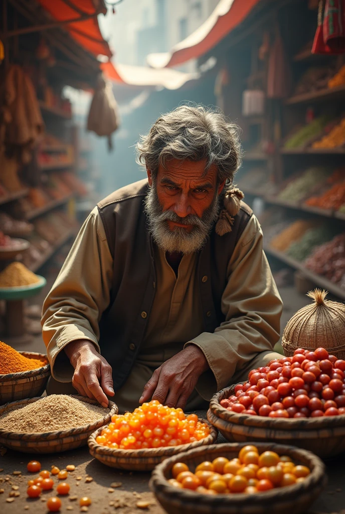 A Pashtun shopper leaning down looking for the guava candies at a shop.