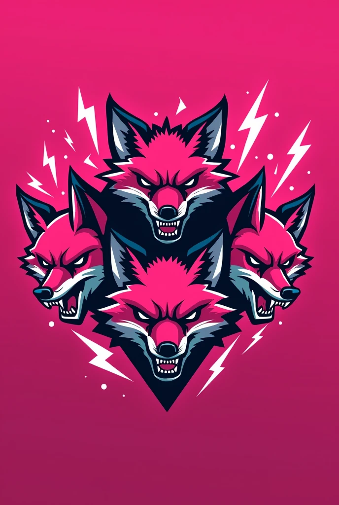 Sports logo for competitive gaming, the color of the room is pink, and must show the mascot which are three pink foxes, a little aggressive, showing the competitiveness and determination of sports games. Add lightning elements that make the fox more intimidating 