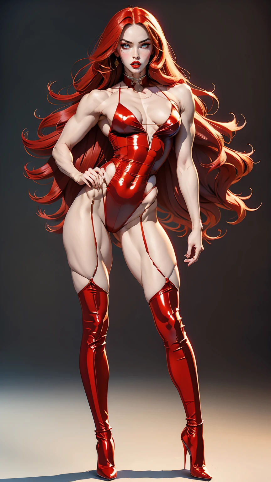 (megan fox), (1 girl), young girl, bodybuilder physique, seductive face, seductive look, long red hair, perfect muscular body, long thin legs, (silk lingerie leotard & thigh highs), small breasts, (huge muscular shoulders:1.45), (full body shot), (blank background:1.25), MeganF_SoloTI_v1