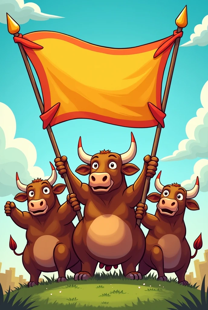 Cartoon pic of bulls raising a banner 