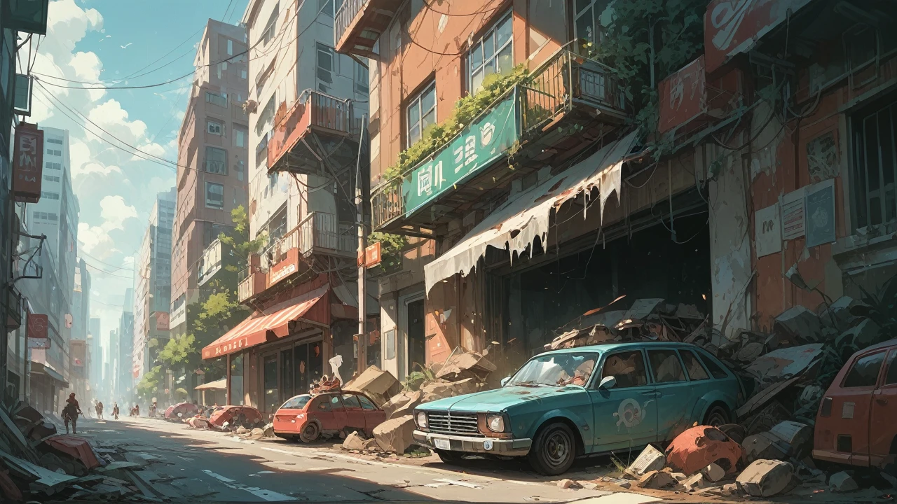 destroyed city infested by zombies