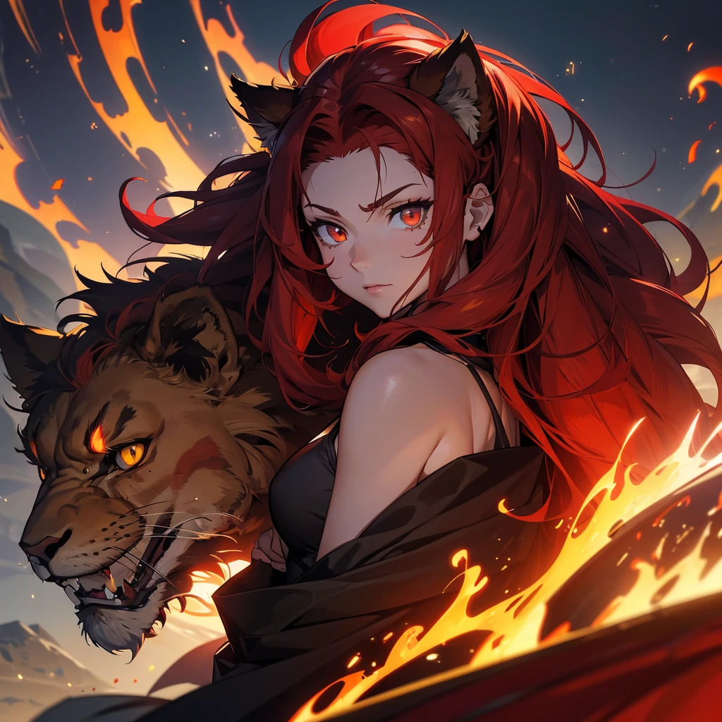 (masterpiece), best quality, expressive eyes, perfect face, aries, werebeast, hot, protector, solider, female, red hair,, guard, anime, beastial, anime, headshot, no human ears, fire, hairy bearded, warrior, massive lion mane, long and massive hair, sharp nails, red cat eyes hair covering ears