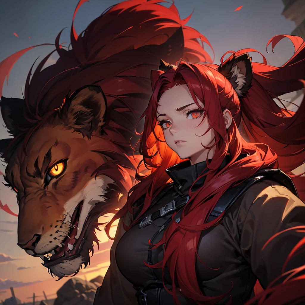 (masterpiece), best quality, expressive eyes, perfect face, aries, werebeast, hot, protector, solider, female, red hair,, guard, anime, beastial, anime, headshot, no human ears, fire, hairy bearded, warrior, massive lion mane, long and massive hair, sharp nails, red cat eyes hair covering ears