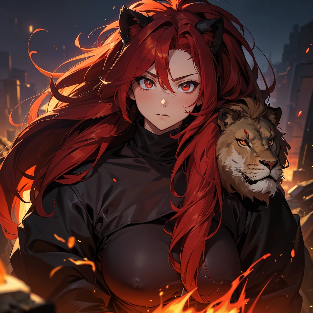 (masterpiece), best quality, expressive eyes, perfect face, aries, werebeast, hot, protector, solider, female, red hair,, guard, anime, beastial, anime, headshot, no human ears, fire, hairy bearded, warrior, massive lion mane, long and massive hair, sharp nails, red cat eyes hair covering ears