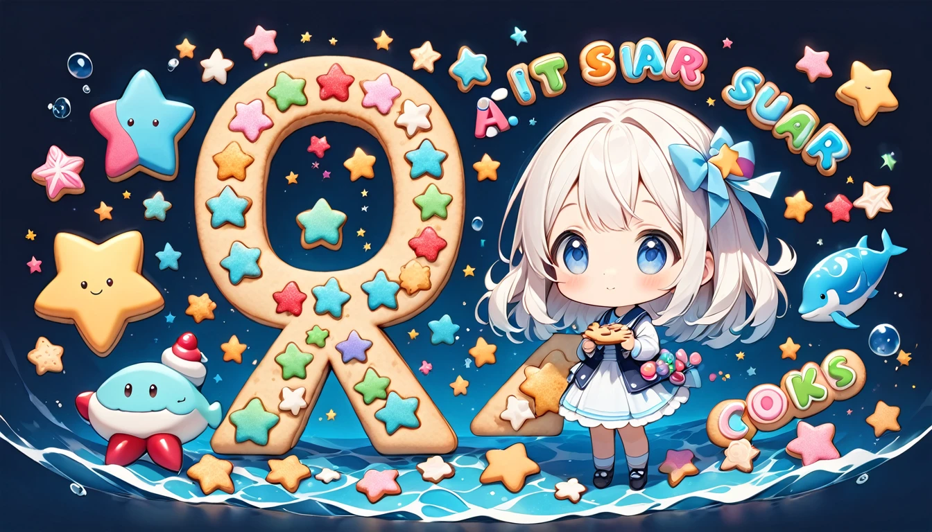 Minimal Deformation, cute, Fix the girl to the bottom right:1.37, Collect small star-shaped cookies to make words, "S","It is","a", Character, Letters made of tiny cookies, Only the parts that form the letters are colorfully sugar coated, Transparent deep sea background,