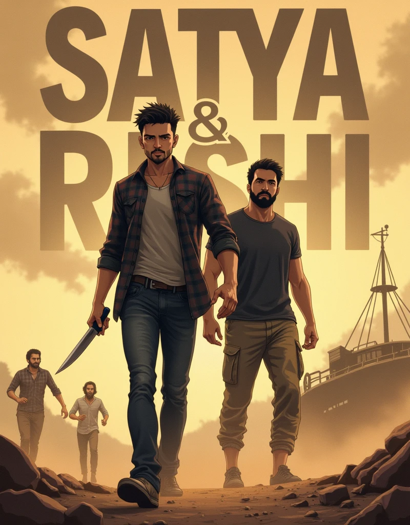 CREATE A ANIME STYLE LANDSCAPE IMAGE. Promotional poster featuring two  dramatic and intense setting. The layout is vertical with the primary subject, a man with short, dark hair and a trimmed beard, positioned in the foreground. He is wearing a dark plaid shirt and jeans, holding a knife in his right hand. Behind him stands a muscular man with longer hair and a full beard, wearing a dark t-shirt and cargo pants. The background depicts a dusty, outdoor environment with additional figures running and a boat visible. The overall color scheme is warm and earthy, with a sepia tone. Large capital Text on the behind side (( SATYA & RISHI )).