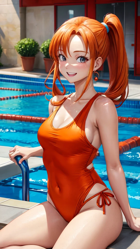 Jessica Albert (Dragon Quest), Jessica Albert, 1 woman, orange re-sinngu swimsuit with v neck, short pigtails, orange hair showing on forehead, beautiful, masterpiece, best quality, smiling face, looks in the eye of the beholder, Indoor poolside