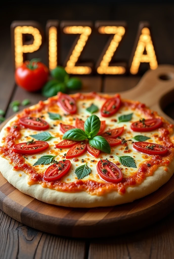An image of a whole pizza on top of a board with the name pizza in the center on top of the slats