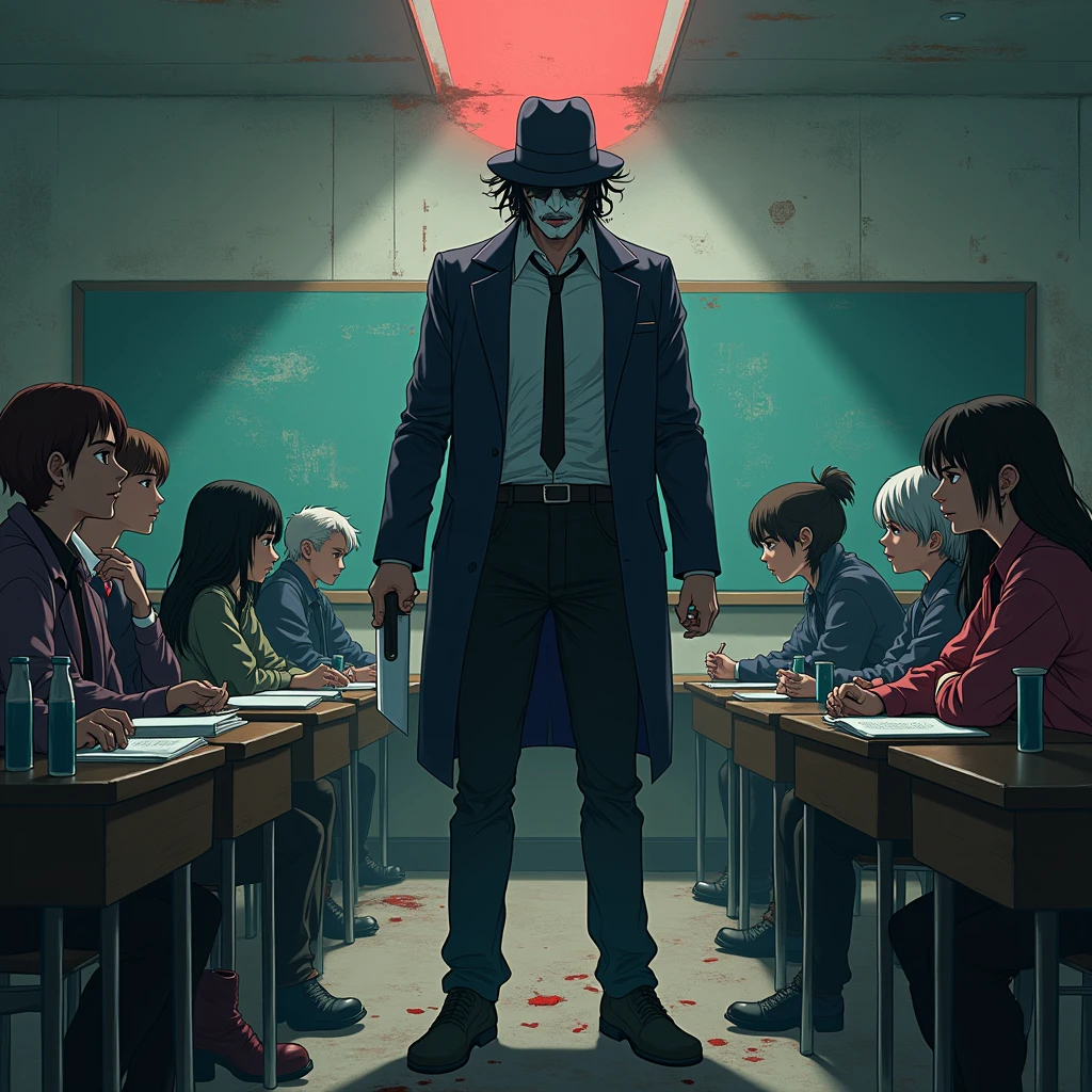 at school there are murderers, maniacs, robbers, hooligans, rapists sitting in class, and the lesson is taught by Jack the Ripper with a knife in anime style