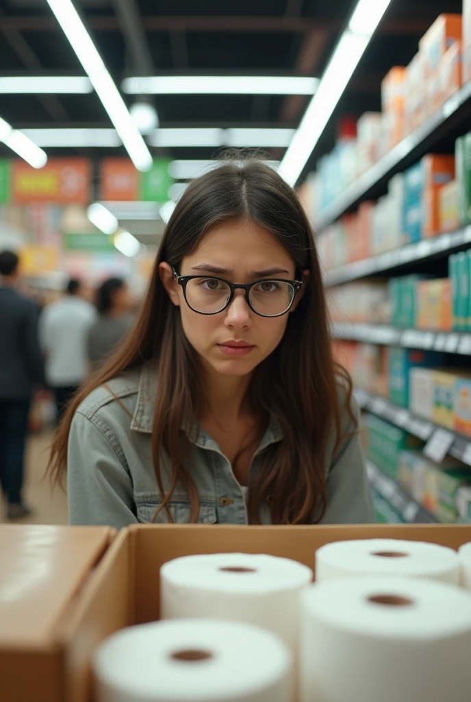 A worried young lady with glasses looking for an ecological paper in the supermarket