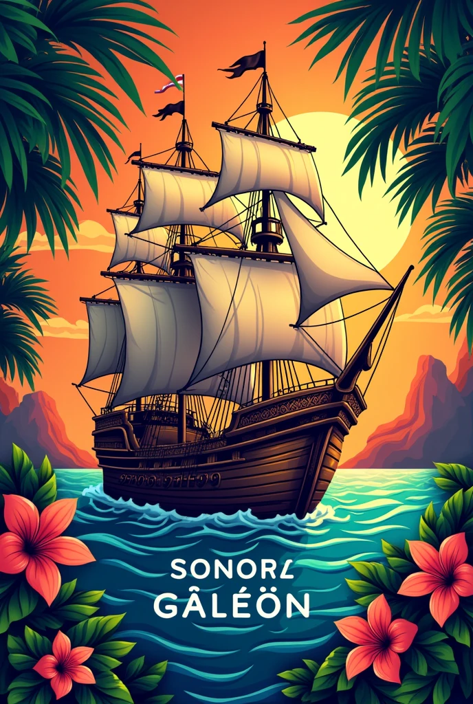 Create a logo for a musical orchestra in tropical style called Sonora Galeón