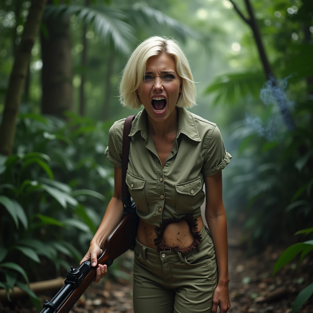 A cinematic photo of a young, talented actress resembling Doris Day with platinum blonde short hair. She is dressed as a poacher in the heart of the jungle. The actress is bent over, wearing long pants and a hunter's shirt, and holding a rifle. The edges of a big hole in her pants in the butt area have charred marks, and there's a significant amount of smoke emanating from her butt. Her platinum blonde hair is short and sleek, and she appears to be around 30 years old. The actress screams in pain, her eyes and mouth wide open, revealing a massive hole in her pants in the butt area from a shotgun accident. The scene is captured in stunning 4K high definition, with the jungle as a backdrop, and a comedic tone throughout. Close-up .