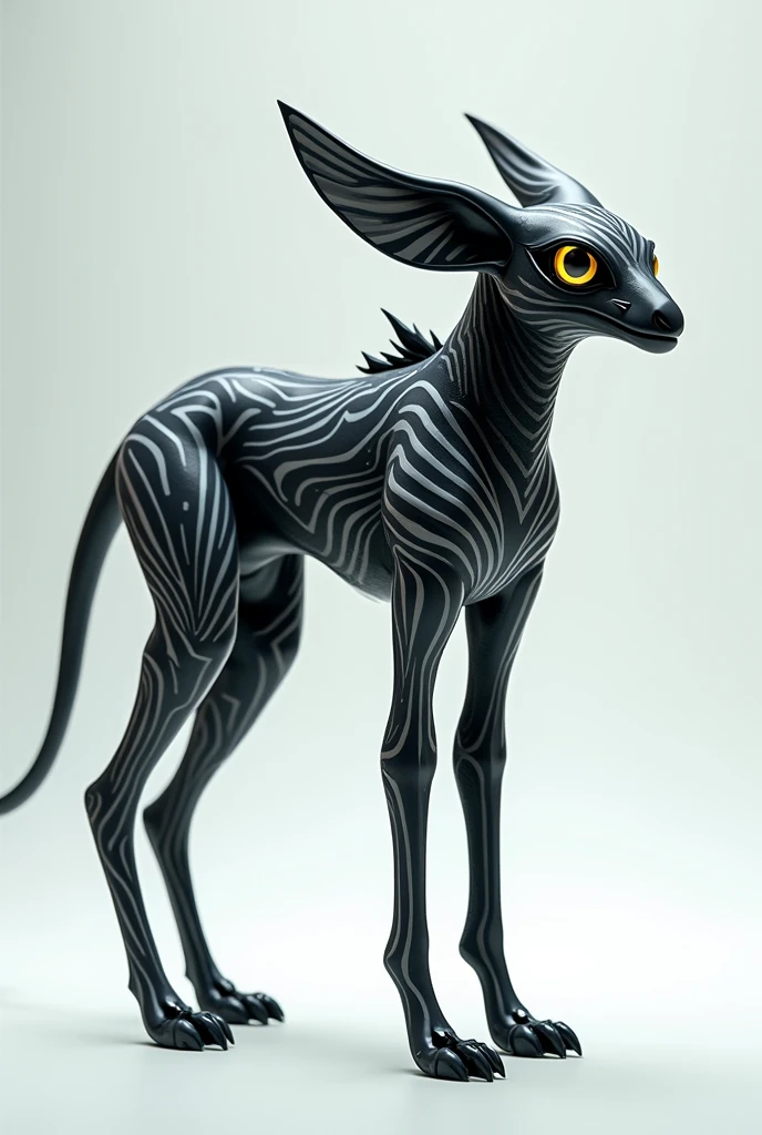 A sleek bipedal creature with cool design pattern and stripes and is fluffy.