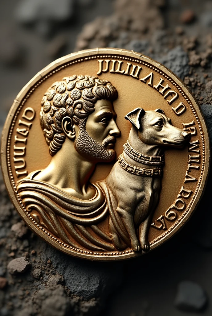 Make a coin of Julius Caesar with a dog next to him, with the following phrase on the coin, Animalland