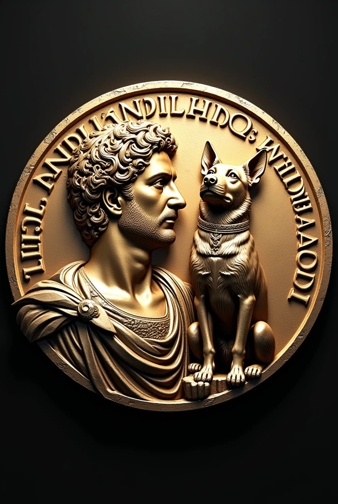 Make a coin of Julius Caesar with a dog next to him, with the following phrase on the coin, Animalland