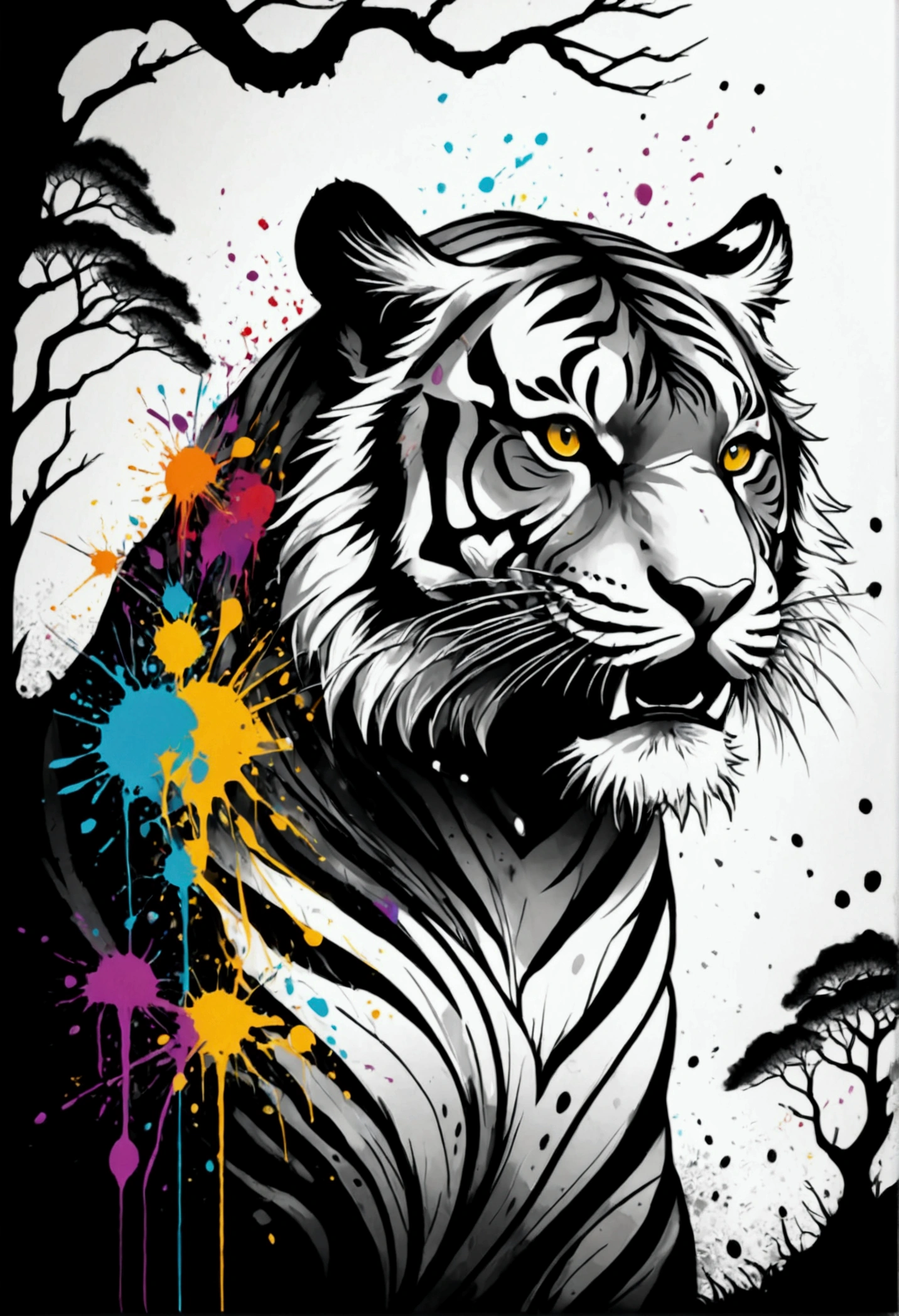 (((fantasy ink splatter art:1.3))),  Hissing Tiger, in black and white, A fascinating beautiful landscape appears, Chaotic colorful lines ink strokes, Intricate details blend into the world of the ethereal forest, Otherworldly creatures, insanely beautiful, gongbi, Every stroke radiates an enchanting feeling, extraordinary creation, Whether ink painting or oil painting, Master stunning details, pure brilliance, Eerie atmosphere ink splashes,