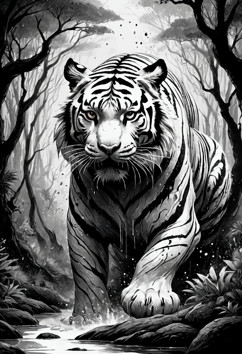 (((fantasy ink splatter art:1.3))), Hissing Tiger, in black and white, A fascinating beautiful landscape appears, Chaotic colorful lines ink strokes, Intricate details blend into the world of the ethereal forest, Otherworldly creatures, insanely beautiful, gongbi, Every stroke radiates an enchanting feeling, extraordinary creation, Whether ink painting or oil painting, Master stunning details, pure brilliance, Eerie atmosphere ink splashes,