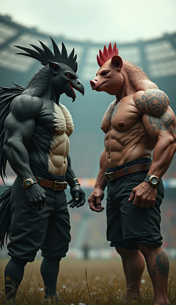 den, rooster bird, male, adult, veiny muscles, defined body, toned muscles, dark black pants, terrorist, bandit, criminal, pirate, serious look, fierce look, small eye, black feathered body, white feathers, den, pig, male, adult, veiny muscles, defined body, toned muscles, dark black pants, terrorist, bandit, criminal, pirate, serious look, fierce look, small eye, black feathered body, white feathers detailed background, wild background, clear weather, realistic, photorealistic, ultra realistic, 8k, bare chest, black nipples, tight crotch, shirtless, utility belt, shiny skin, torso tattoo, long feathers, unbuttoned black vest, in a soccer stadium