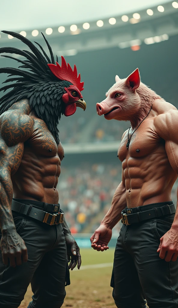 den, rooster bird, male, adult, veiny muscles, defined body, toned muscles, dark black pants, terrorist, bandit, criminal, pirate, serious look, fierce look, small eye, black feathered body, white feathers, den, pig, male, adult, veiny muscles, defined body, toned muscles, dark black pants, terrorist, bandit, criminal, pirate, serious look, fierce look, small eye, black feathered body, white feathers detailed background, wild background, clear weather, realistic, photorealistic, ultra realistic, 8k, bare chest, black nipples, tight crotch, shirtless, utility belt, shiny skin, torso tattoo, long feathers, unbuttoned black vest, in a soccer stadium