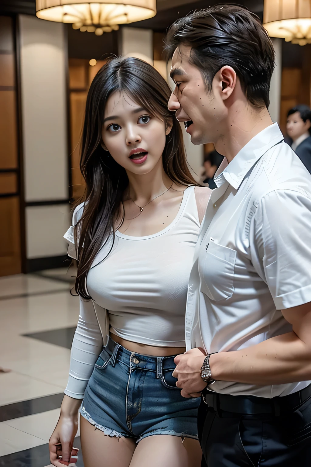 (high quality), (Realistic photos)、1 male、1 female、No audience、((Young Japanese couple arguing face to face:1.4))、((Angry Japanese woman and a Japanese man trying to talk to her:1.4)) 、((White short sleeveＴWoman in a shirt:1.4))、((Man in a jacket suit:1.4))、((hotel lobby:1.4))、Daytime、((A woman glares at a man:1.7))、((A woman wearing a denim skirt that accentuates her thighs:1.4))、((White short sleeveＴWoman in a shirt:1.4))、((woman with scary expression:1.4))、