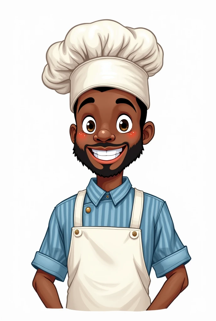 Simple cartoon style drawing of cute black man in blue clothes with chef hat