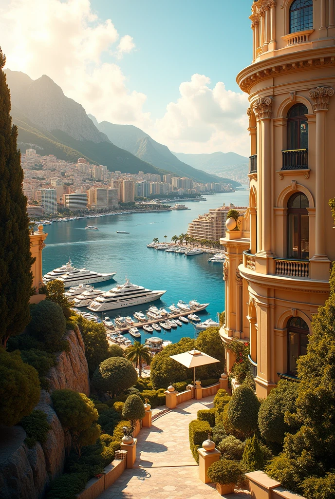 • Buildings and cityscapes: “grand hotels,” “luxurious buildings,” “ornate architecture.• Resort feel: “harbor with yachts,” “golden sunlight,” “Mediterranean Sea." • Elegant atmosphere: “luxury,” “champagne,” “small ornate window,” “exclusive destination
“A stunning view of Monaco from a different angle, showing the majestic architecture of the city’s grand hotels and casinos along the coastline. The harbor is filled with yachts, and the sun sets behind the hills, casting a warm glow across the Mediterranean Sea.”