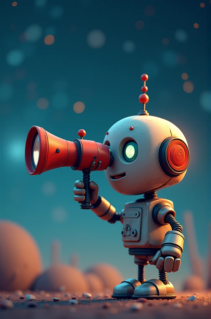 I want a cute 3d robot looking at the stars through a red and dark blue telescope