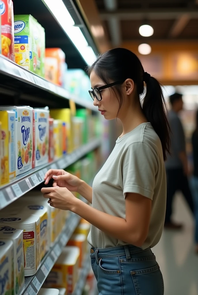 A worried young lady with glasses looking for an ecological paper in the supermarket, Photo taken in profile