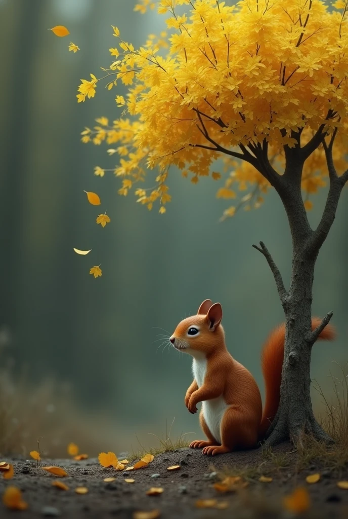 A squirrel crying while looking at a yellow lapacho tree with only three leaves on the top
