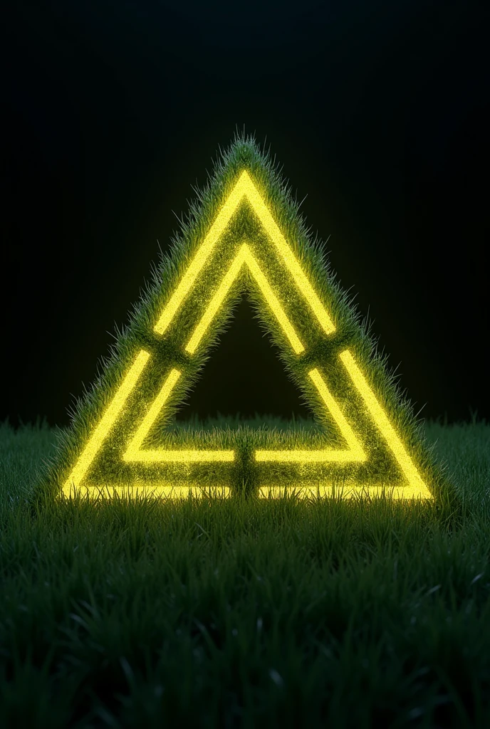 A detailed view of a triangle-shaped object set against a dark background, surrounded by a border of intricate, grass-like patterns. The design features triangular elements with a soft, golden-green glow, reminiscent of illuminated blades of grass, forming a perfectly symmetrical pattern. This computer-generated image highlights a natural, organic feel with precise lighting, creating a central triangular formation that showcases a golden Sierpinski gasket motif, blended seamlessly with the texture of grass