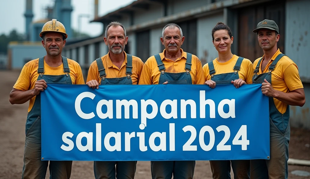 A high-definition Canon DSLR photo of Brazilian metalworkers, men and women, standing resolutely in front of a modern factory. Their skin and uniforms are marked with dirt, and they hold a blue banner with white text that reads "Campanha Salarial 2024" in Portuguese. The sharpness of the image captures every detail, from the dirt on their faces to the crisp contrast of the white text on the blue banner, emphasizing their solidarity and determination.