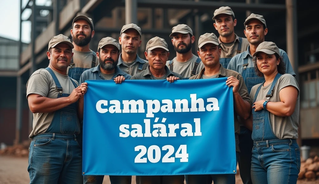 A high-definition Canon DSLR photo of Brazilian metalworkers, men and women, standing resolutely in front of a modern factory. Their skin and uniforms are marked with dirt, and they hold a blue banner with white text that reads "Campanha Salarial 2024" in Portuguese. The sharpness of the image captures every detail, from the dirt on their faces to the crisp contrast of the white text on the blue banner, emphasizing their solidarity and determination.