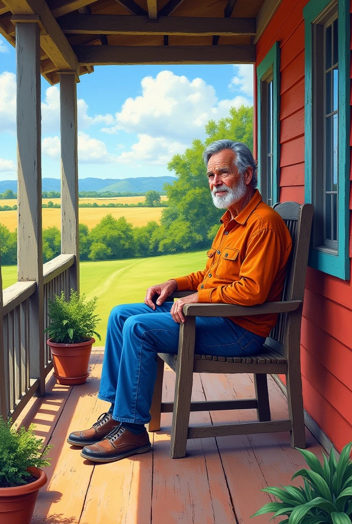 drawn in the form of a colored drawing, a 60 year old man is sitting in a chair on the porch of his house