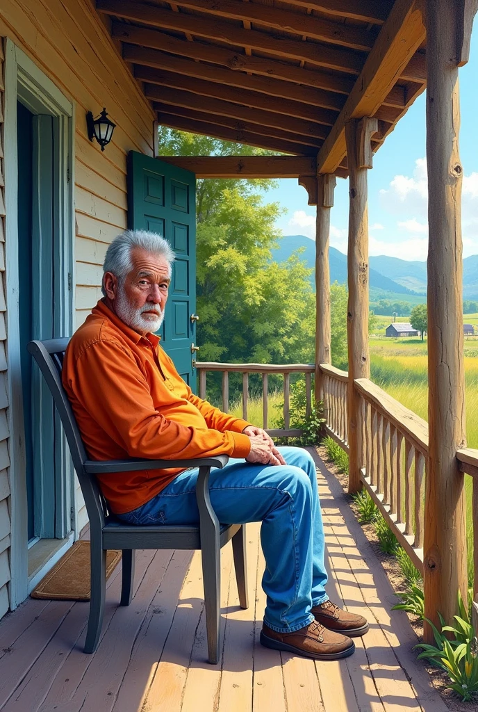 drawn in the form of a colored drawing, a 60 year old man is sitting in a chair on the porch of his house