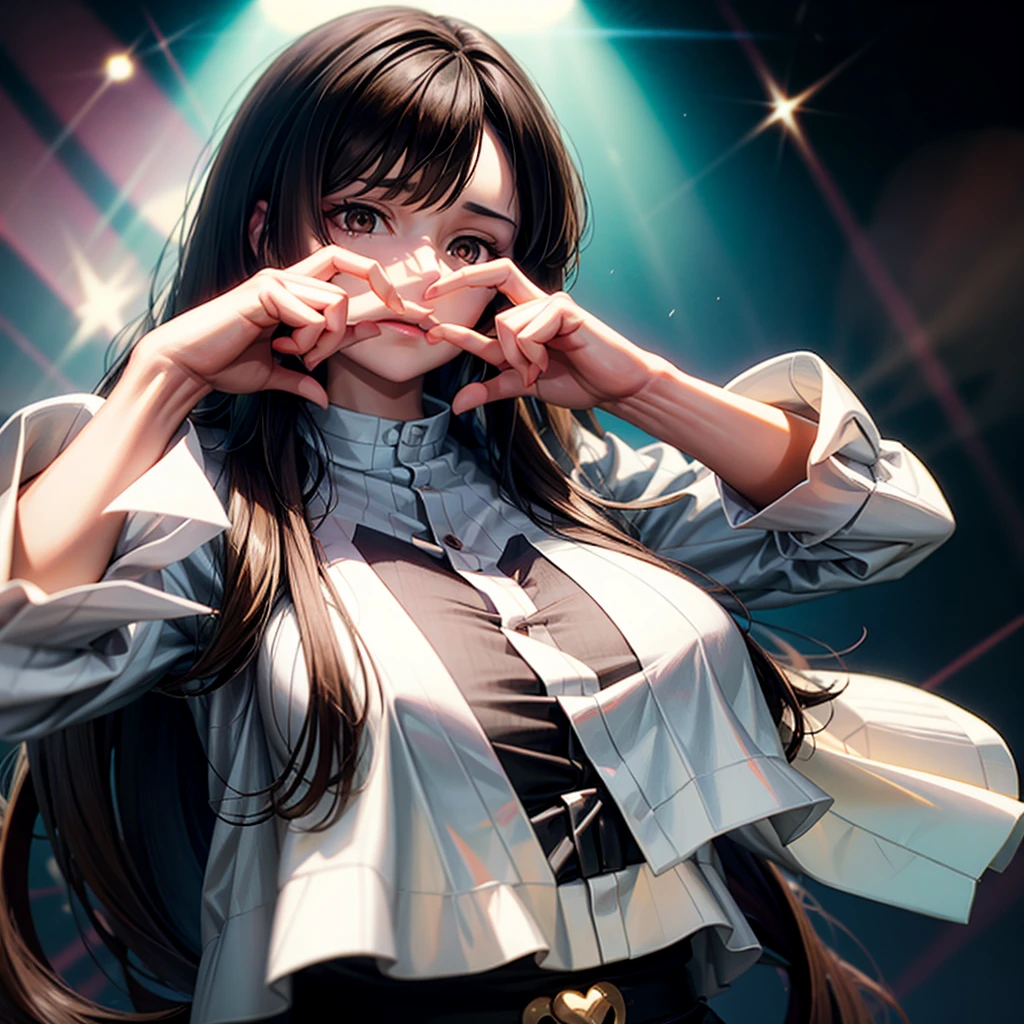 long dark hair / big tits / brown eyes / heart hands,