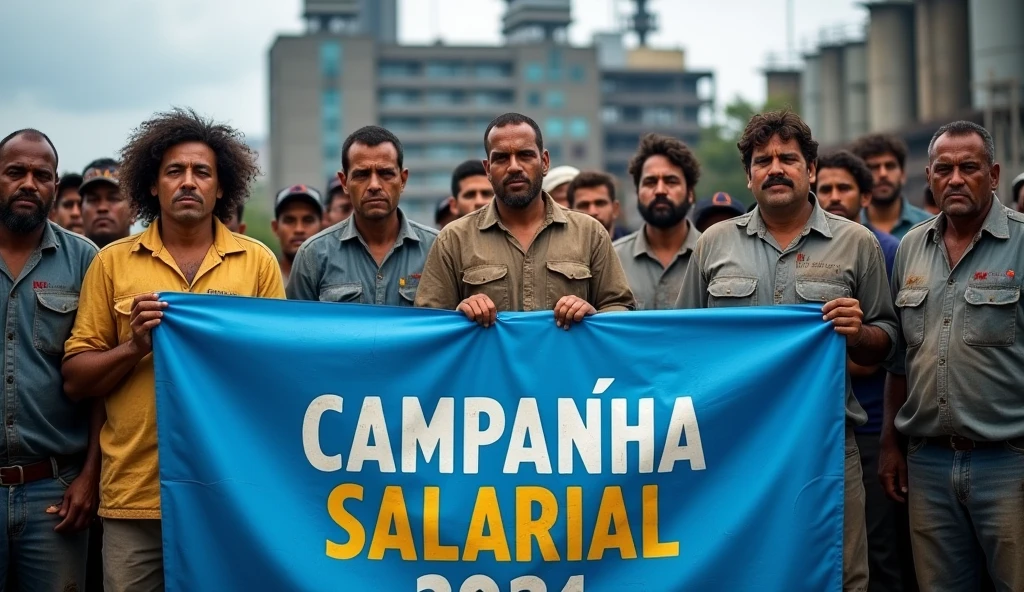 A detailed Canon DSLR photograph of Brazilian metalworkers, both men and women, standing united in front of a large modern factory. Their skin and clothing are dirty, with the grime visible on their faces and uniforms. They hold a blue banner with "Campanha Salarial 2024" written in white text, standing out clearly in the sharp image. The photo highlights their resolve, with the banner symbolizing their collective fight for workers' rights.