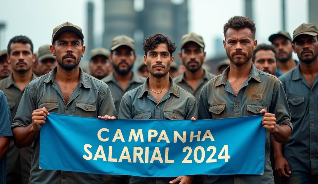 A detailed Canon DSLR photograph of Brazilian metalworkers, both men and women, standing united in front of a large modern factory. Their skin and clothing are dirty, with the grime visible on their faces and uniforms. They hold a blue banner with "Campanha Salarial 2024" written in white text, standing out clearly in the sharp image. The photo highlights their resolve, with the banner symbolizing their collective fight for workers' rights.
