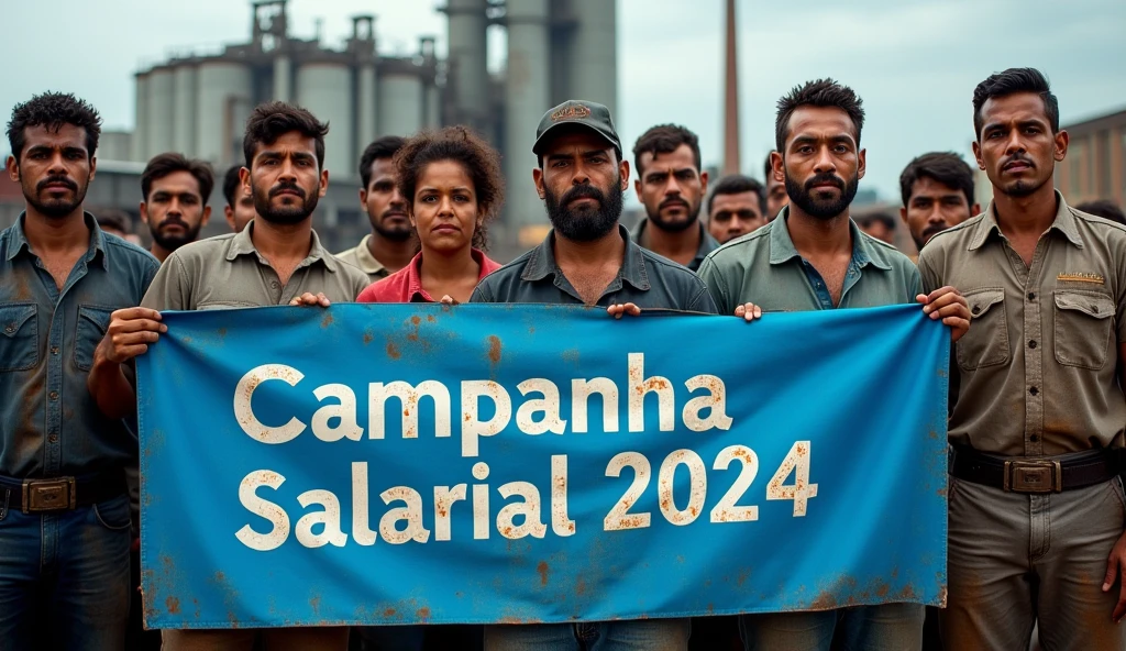 A detailed Canon DSLR photograph of Brazilian metalworkers, both men and women, standing united in front of a large modern factory. Their skin and clothing are dirty, with the grime visible on their faces and uniforms. They hold a blue banner with "Campanha Salarial 2024" written in white text, standing out clearly in the sharp image. The photo highlights their resolve, with the banner symbolizing their collective fight for workers' rights.